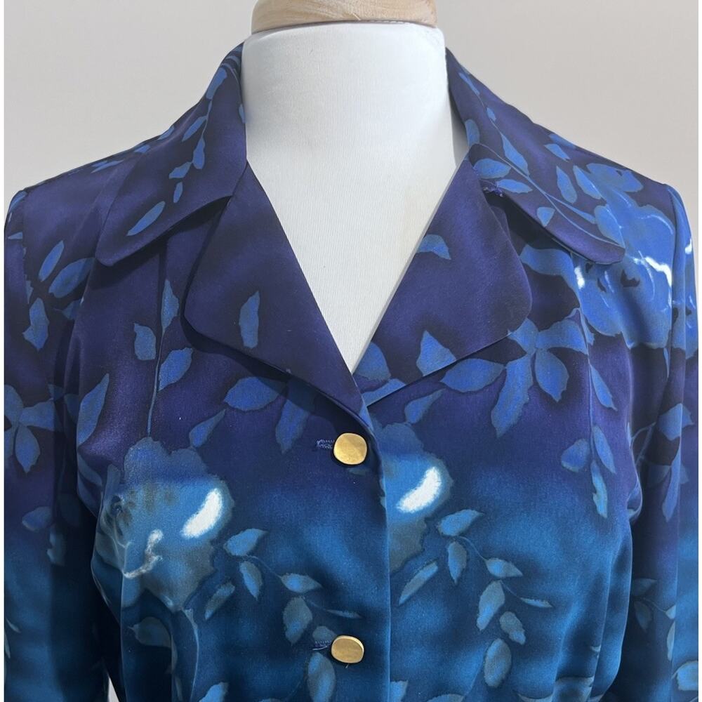 Vintage VICTORIA MORGAN Blue Purple Watercolor Pleated Belted Midi Dress sz 10 - Picture 3 of 7